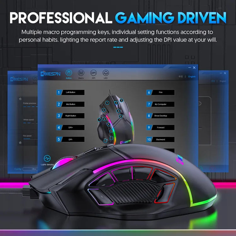 Macro Definition Wired Rgb Gaming Mouse  Full Speed 12800dpi 12 Keys Computer Accessories