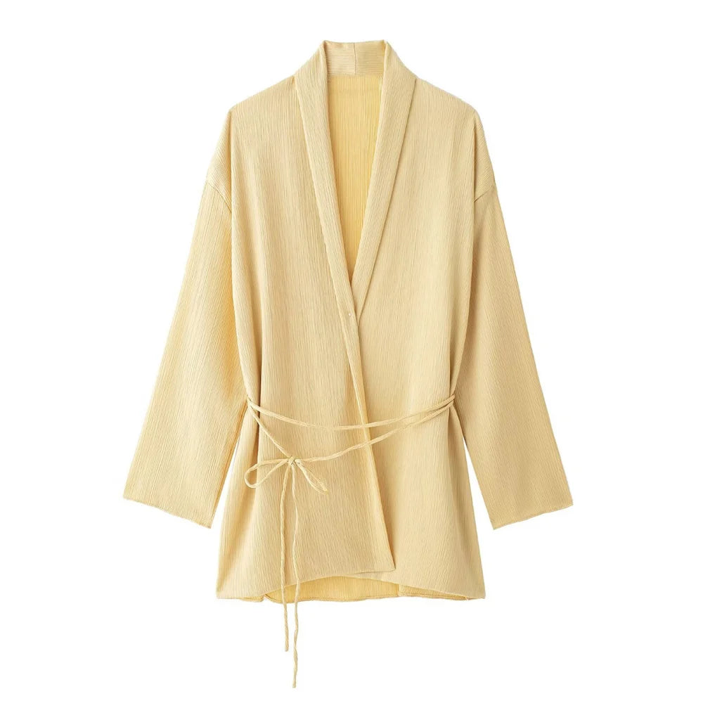 Women's Pajamas for Women 2 Pieces Set Kimono Style Loose Lace Up Shirts Tops Women's Wide Leg Pants Sets Sleepwear Women