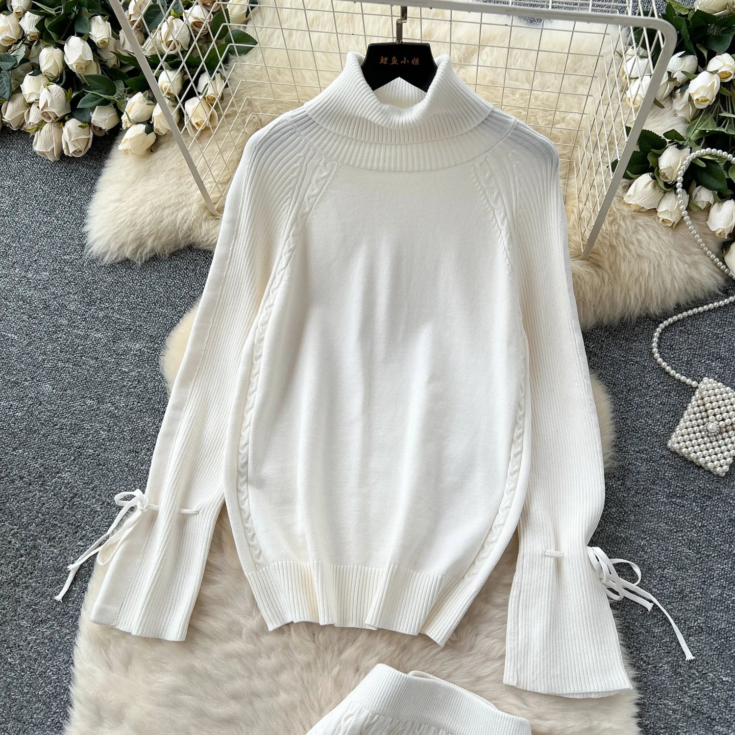 Two Piece Sets Women Skirt Set Turtleneck Knitted Full Sleeve Tops Mid Length Skirts Wrap Hip High Waist Y2k Streetwear Elegant