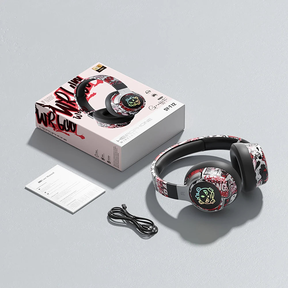 Bluetooth 5.3 Gaming Headset- RGB Lights Wireless Headphones, Low Latency Mode, Noise Cancelling Mic, Comfort Earmuffs for PC