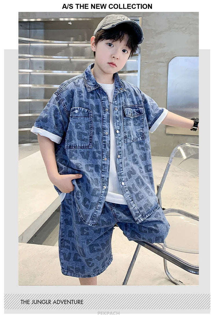 Conjunto de ropa casual de verano para niños Camisa y pantalón corto vaquero de 2 piezas para adolescentes y niños Traje de estilo urbano fresco