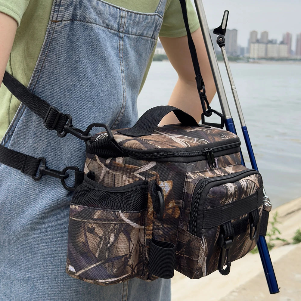Mochila de pesca, caja de señuelos, bolsa de almacenamiento de aparejos, riñonera para hombres, mochila de pesca con mosca con soporte para caña, bolsa de hombro.
