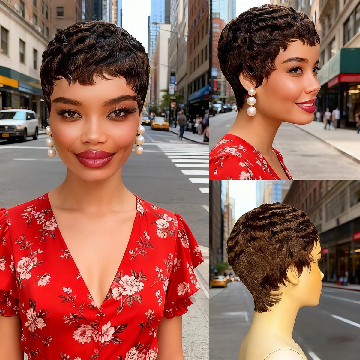 Pelucas Pixie Negras Rizadas Cortas para Mujer, Hechas a Máquina, Onduladas Naturales, Corte Pixie Negro, Precio Asequible, Pelucas para Uso Diario