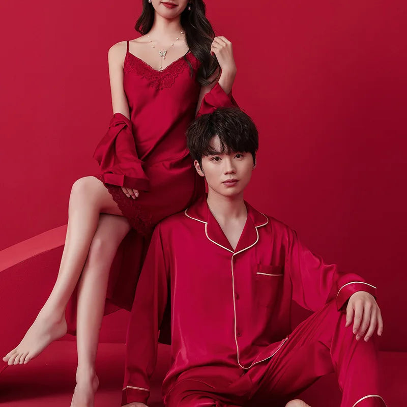 Red Pajamas Set For Couple Women Bathrobe Nightdress Pijamas Sleepwear Men Shirt Pants Summer Loungewear Satin Home Clothes