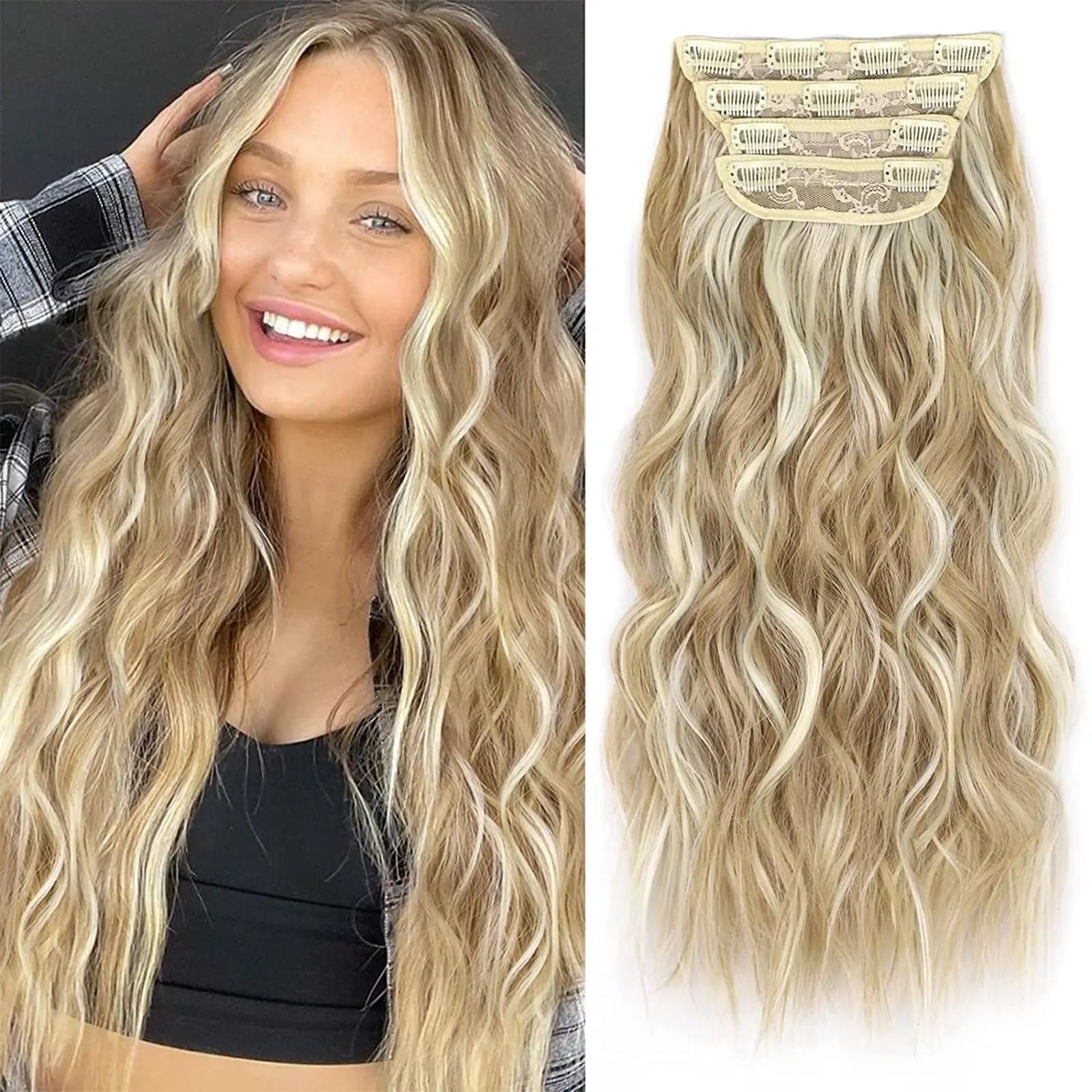 Natural Long Wavy Synthetic Hair Extension 18-32 inches Black 4pcs Hairpiece Fiber Double Weft Hair For Women Hair Accessories