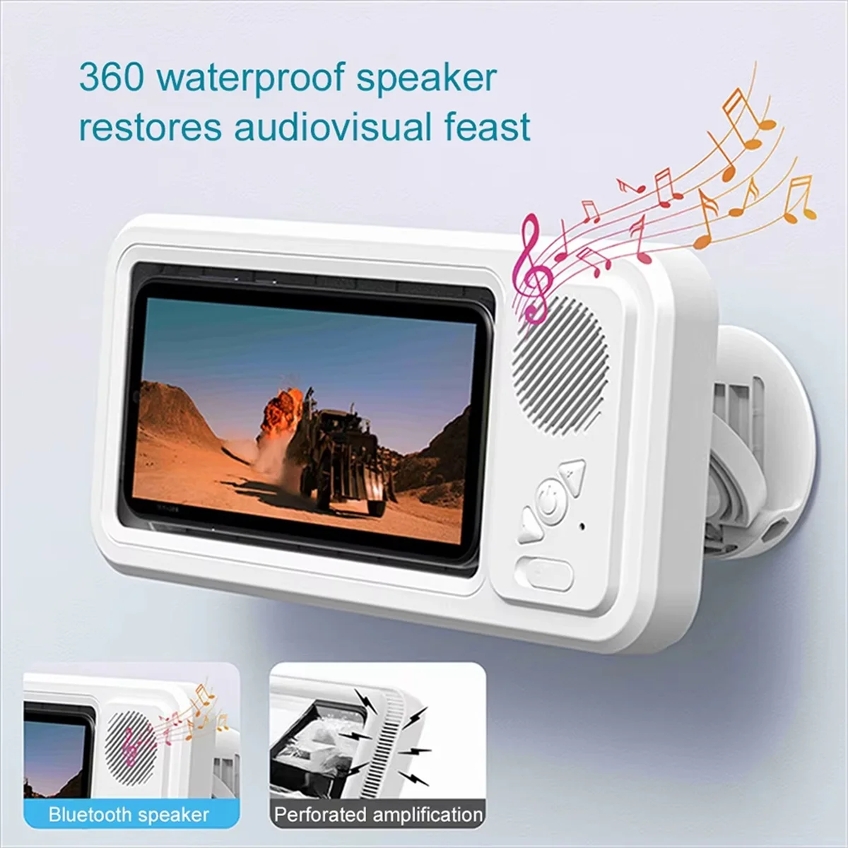 Shower Phone Holder with Bluetooth Speaker IPX4 Waterproof Anti-Fog Touch Screen Wall Mount for Shower Bathroom Black