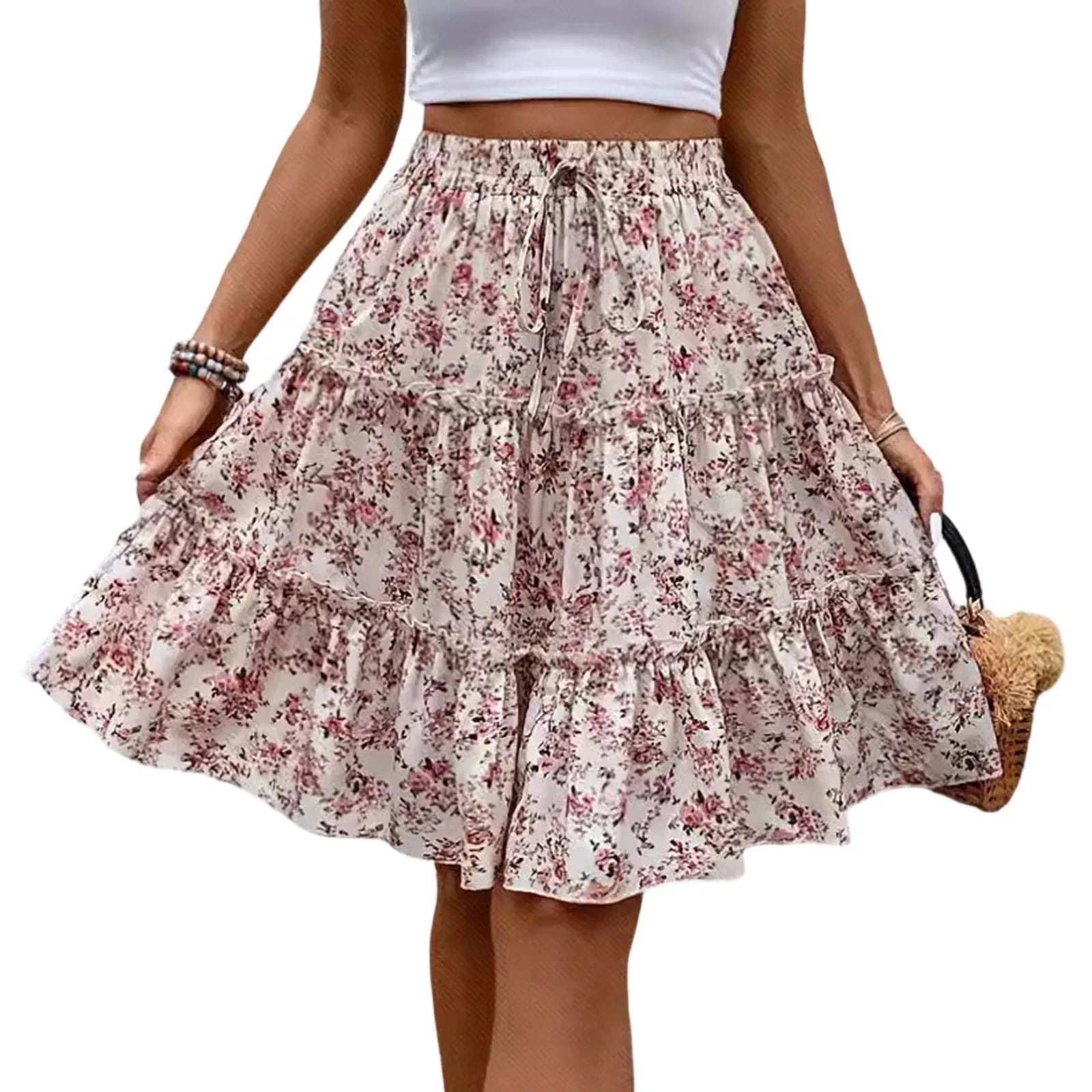 Women's Spliced Cake Skirt Fashionable Floral Print Elastic Waist Strap Versatile Casual Skirts Comfortable knee-length skirt
