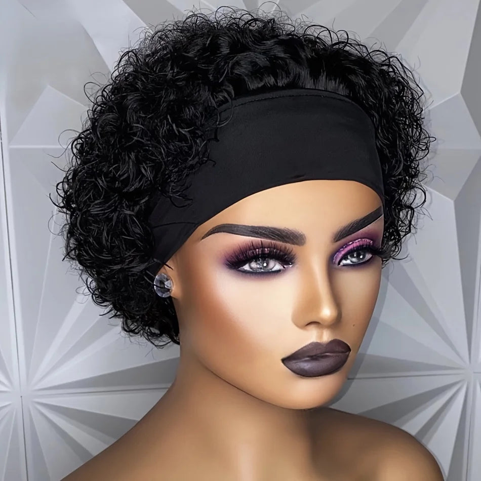 Water Wave Short Curly Pixie Cut Headband Wig for Women Remy Brazilian Human Hair Full Machine Made wig