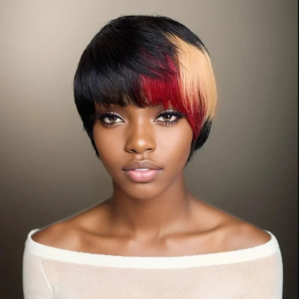 daily party use wig  short straight human hair wig machine made pixie wig black red color for women pixie cut wig