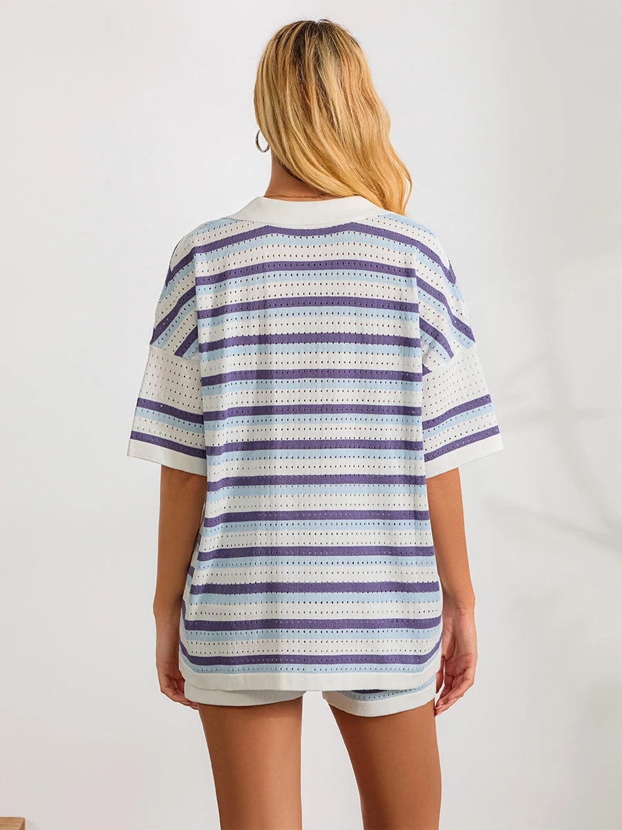 Conjunto de Pijama de Mujer de 2 Piezas Trajes de Salón Verano Rayas Contraste de Color Botón Tops de Punto de Ganchillo y Pantalones Cortos Conjuntos de Salón Playa