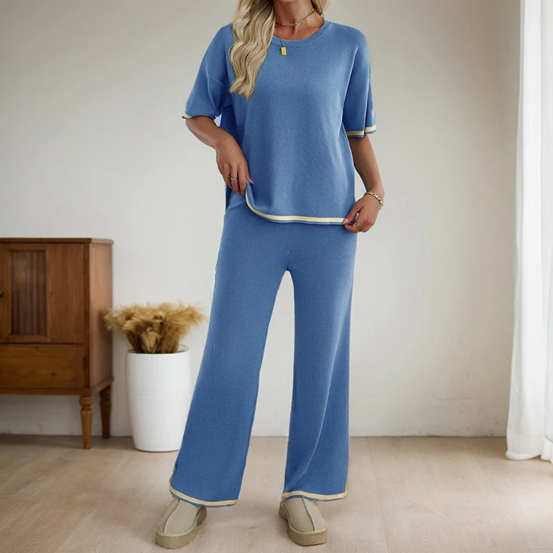 Conjunto de dos piezas de ropa de mujer, moda primavera verano, informal, cuello redondo, blusa de manga corta, pantalones de pierna ancha a juego