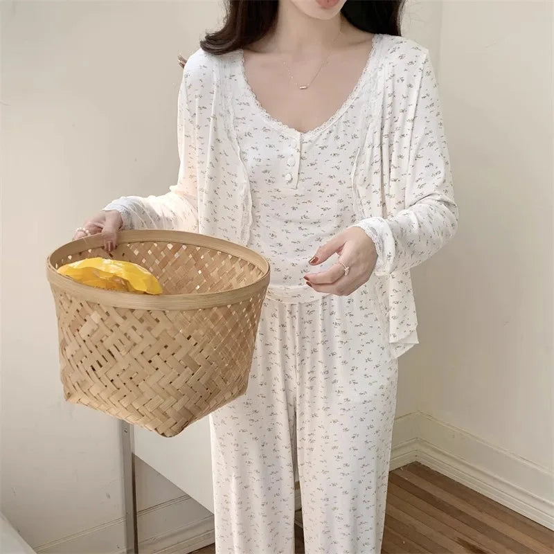 Three-Piece Pajama Set for Women Floral Lace Sweet Cardigan Camisole Homewear Long Sleeves Long Pants Fancy Underwear Ladies