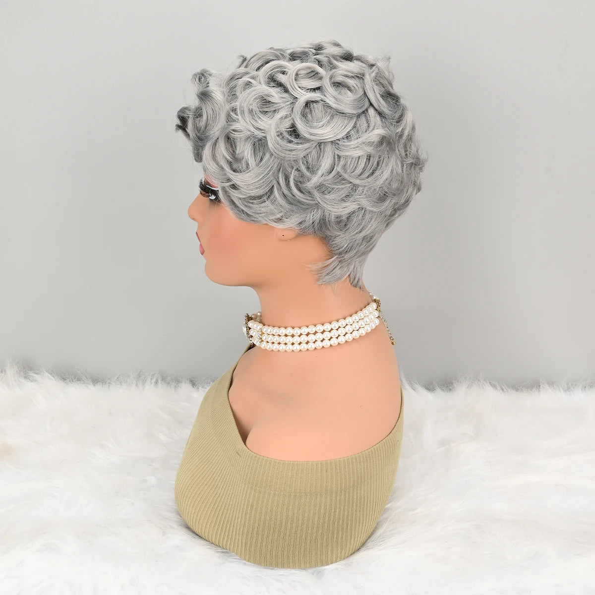Gray short curly hair with fringe, suitable for daily and festive wear as a synthetic wig.