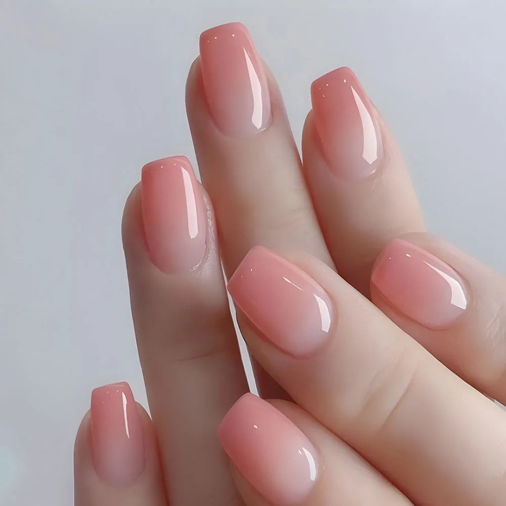 24Pcs Simple Fake Nail with Broken Diamond Short Square Press on False Nails Gradient White Wearable Ballet Full Cover Nail Tip