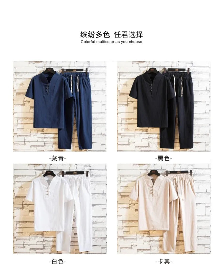 men's casual shirts (Shirt + trousers) summer men shirt Man Cotton and linen shirts Short sleeve men A set of clothes M-5XL