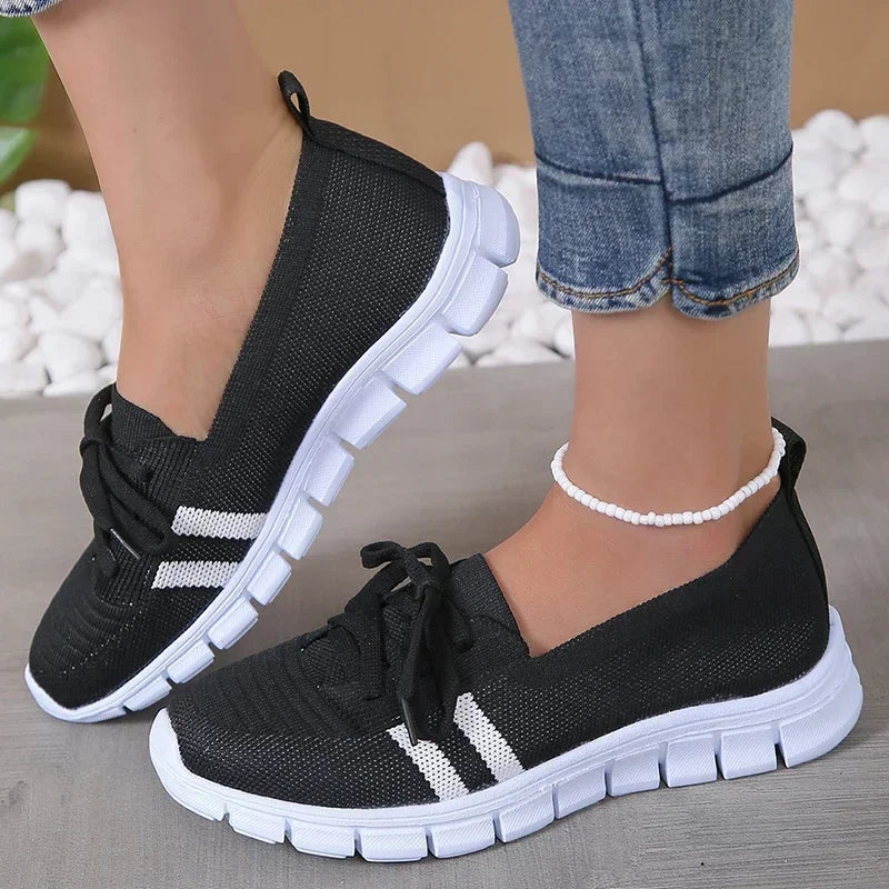 Zapatos planos de punto transpirables a rayas para mujer, zapatillas informales con cordones de suela blanda, mocasines ligeros antideslizantes de talla grande 43 para mujer