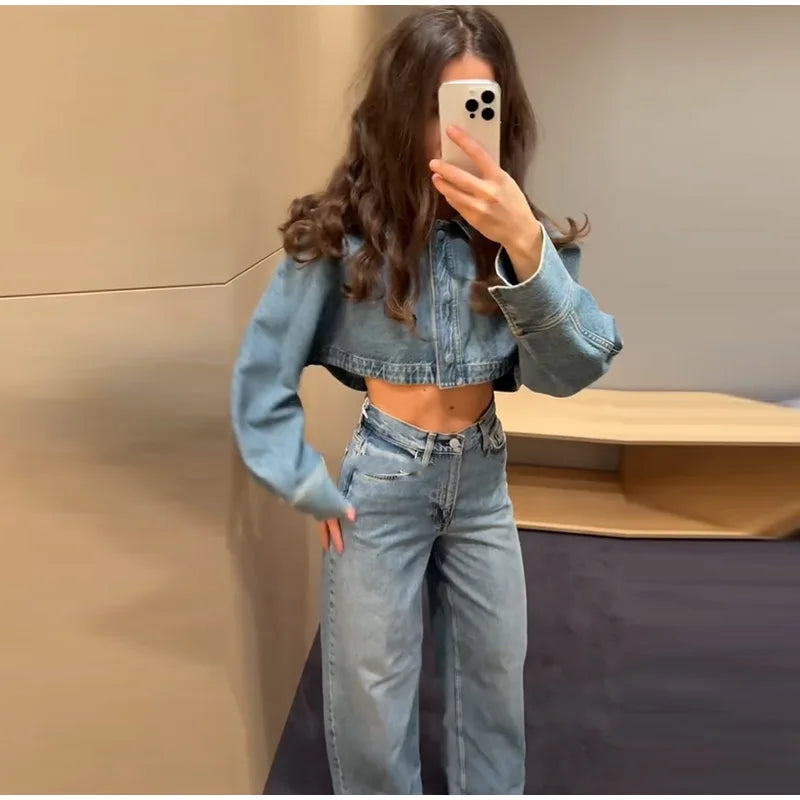 Women Denim Short Tops Pants 2 Piece Sets Lapel Baggy Long Sleeves Coats Straight Wide Leg Loose Jeans Suits 2025 Summer Outfits