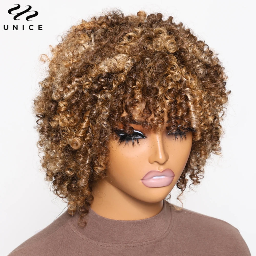 UNICE Peluca Afro Rizada Kinky Rubia con Reflejos y Flequillo 100% Cabello Humano Rizos Elásticos Pelucas Cortas de Cabello Humano Peluca Completamente Hecha a Máquina