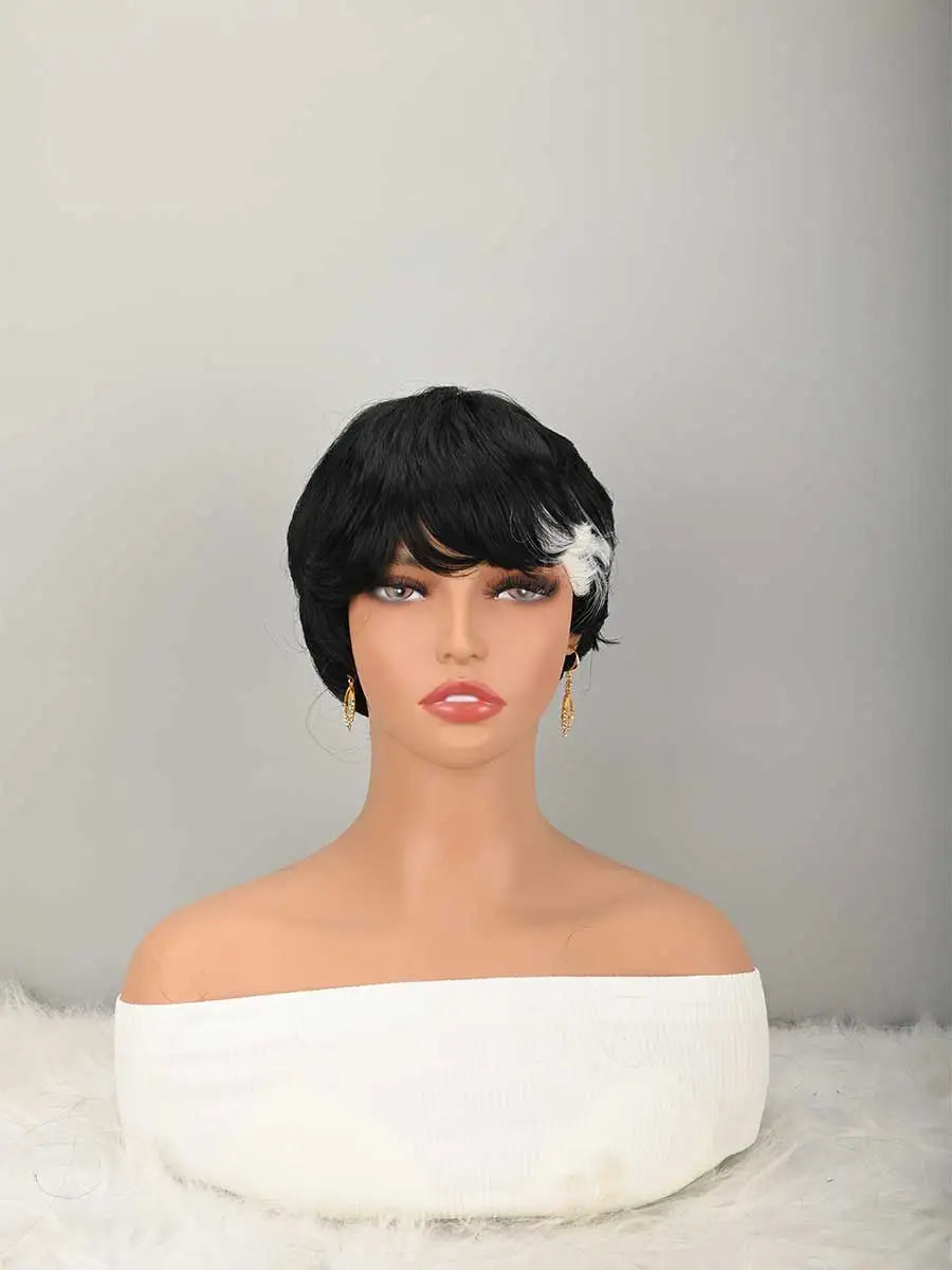 Peluca corta Bob para corte Pixie, pelucas sintéticas sin pegamento, peluca sin encaje frontal con flequillo, liso negro natural, hecha a máquina completa, corta en capas para uso diario.