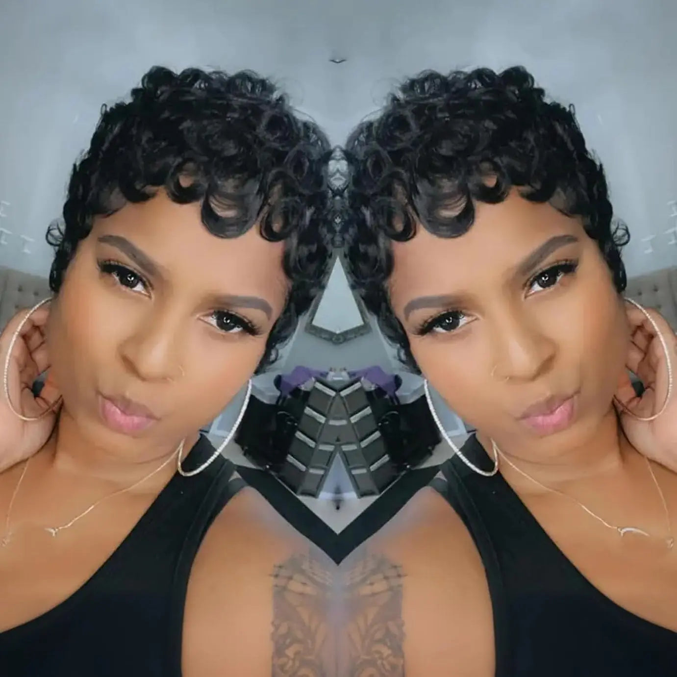 Natural Black Brazilian Curly Pixie Cut Human Hair Wig, Glueless Short Layered Wig With Bangs, Comfortable Breathable Real Human Hair, Easy Wear No Glue Design, Stylish Hairstyle Accessory for Women Daily Party Travel Photogr