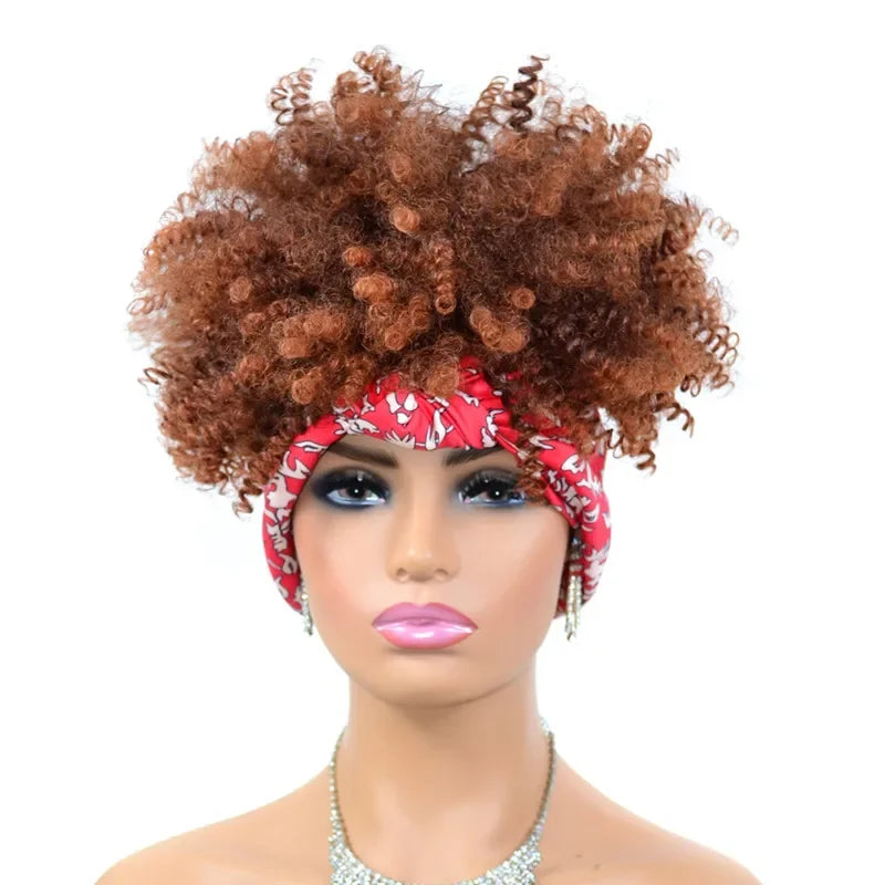 Fluffy Headband Wigs for Black Women Short Afro Kinky Curly Headwrap Wig High Temperature Natural Synthetic Headband Scarf Wig