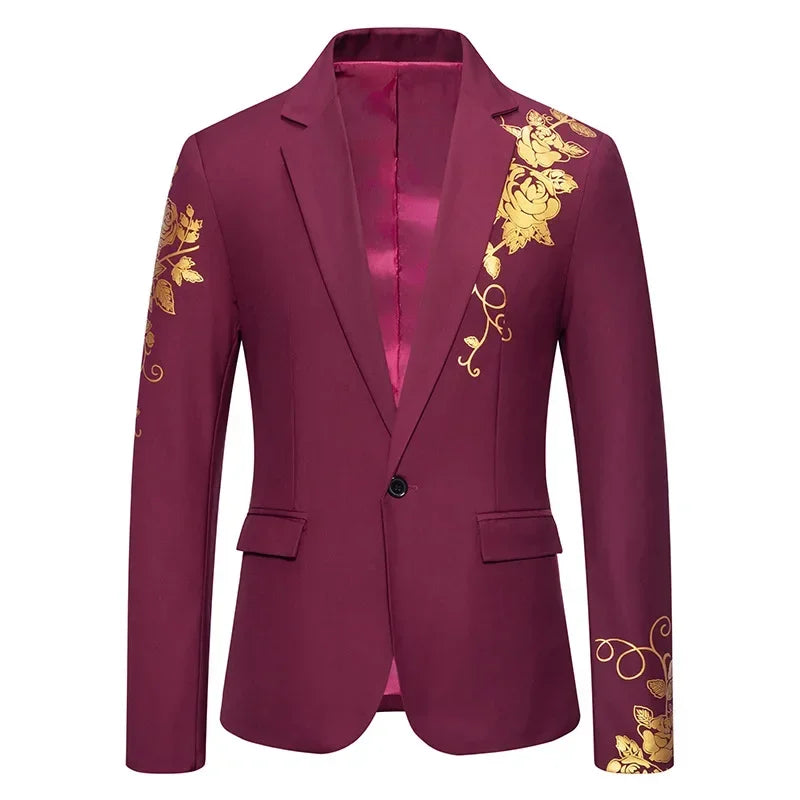 New Men Business Social Suit Loose Jacket Black / White / Royal Blue Fashion Male Wedding Prom Party Rose Printed Blazers