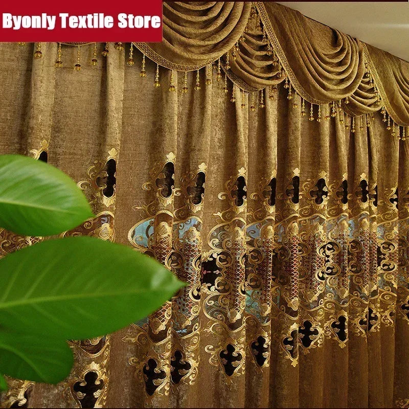 Cortinas de chenilla de terciopelo marrón y dorado