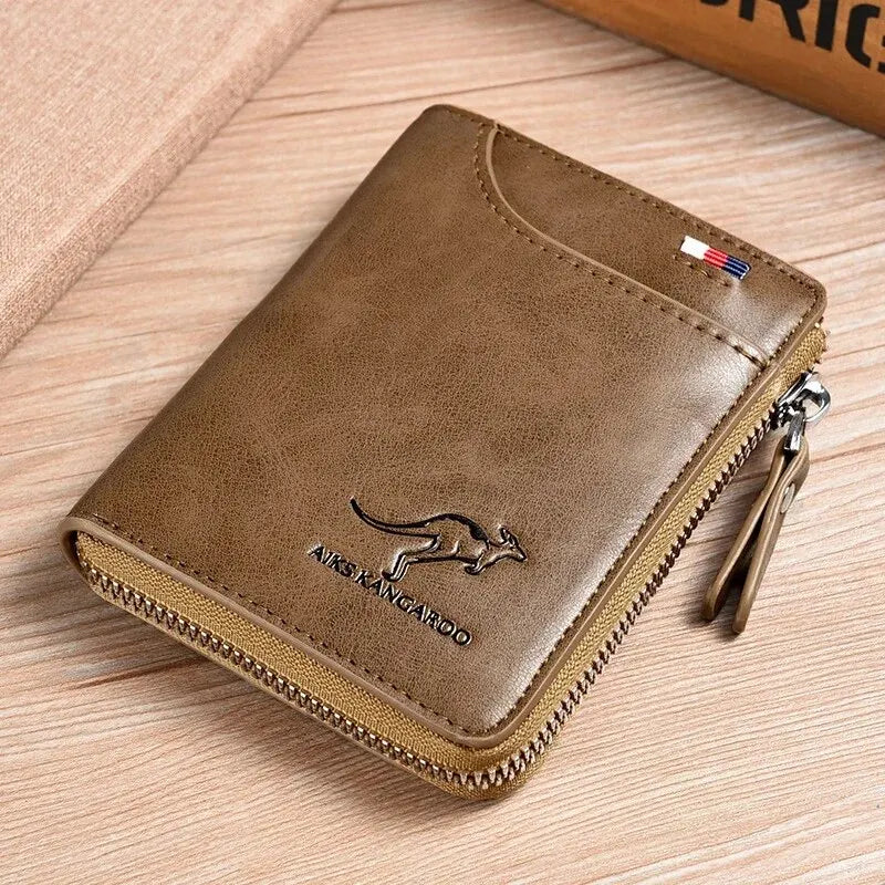 Cartera de cuero para hombre, tarjetero de negocios con cremallera, carteras de lujo para hombre, protección RFID, cartera masculina de lujo