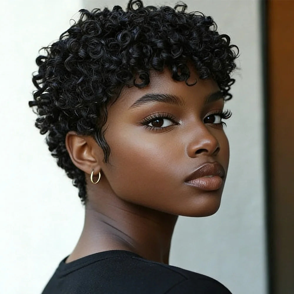 Short Black Kinky Curly Pixie Cut Human Hair Wig With Bangs Brazilian Remy Human Hair Wigs 180% Density Full Machine Made Wig