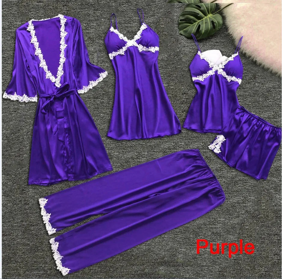 Pajamas Five Piece Set Sexy Lace Trim Nightgown Nightwear Spring Summer Women Bath Robe Loose Satin Home Wear Pijamas Suit