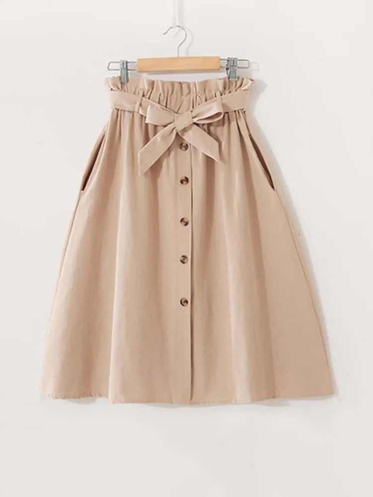 Women Summer Midi Skirt Girls Elegant Solid High Waist Spring Casual Single-Breasted Sashes Office Ladies A-Line Cotton Skirt