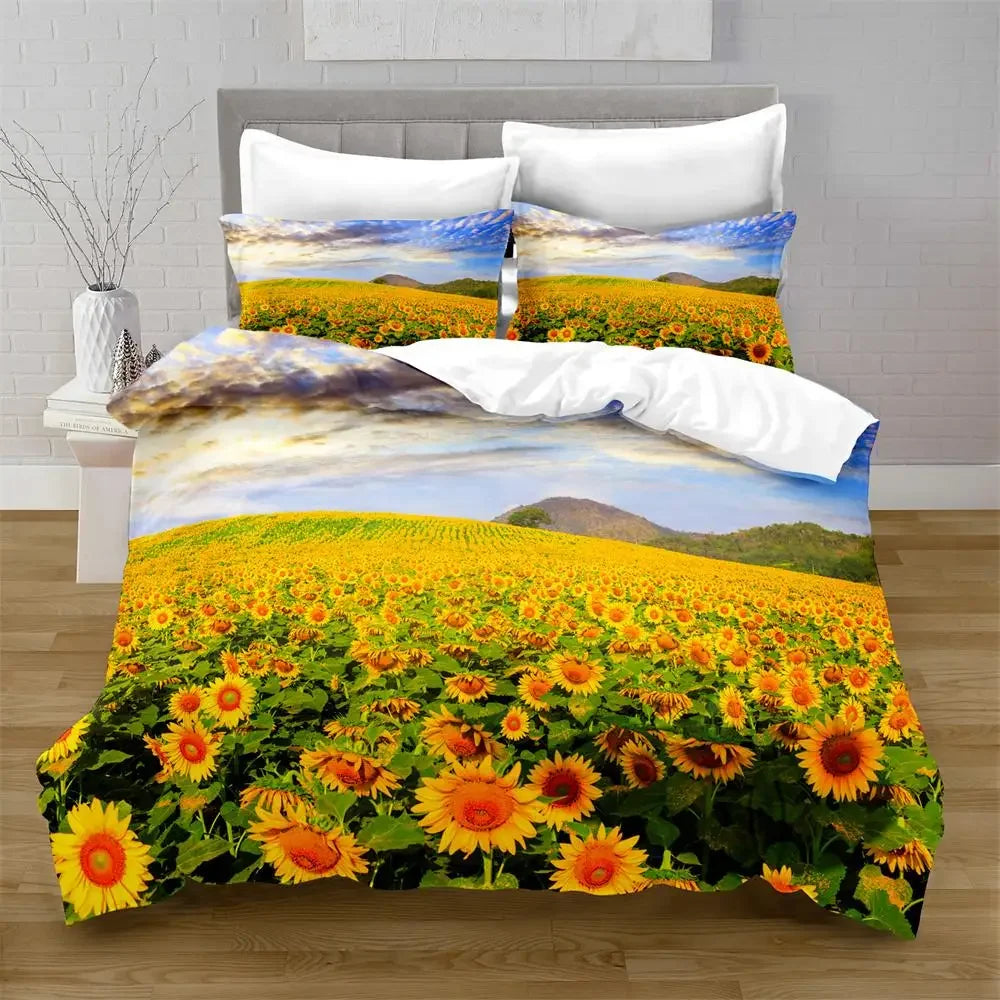 Juego de funda nórdica de girasol, flores amarillas, exuberantes girasoles en el campo, juego de cama de microfibra, estampado floral botánico, funda de edredón