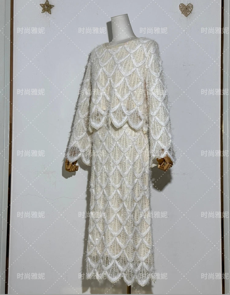 High-end Fashion Beaded Sequined Skirt Set 2025 Spring New Long-sleeved T-shirt Top High Waist Slim-fit Hip Skirt 2-piece Set