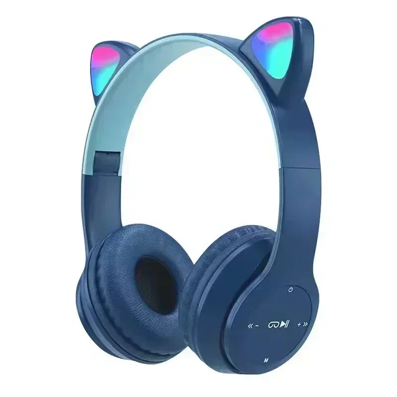 Casque de jeu sans fil P47M avec lumière clignotante et oreilles de chat mignonnes, avec micro, contrôle LED, musique stéréo, téléphone, Bluetooth, cadeau