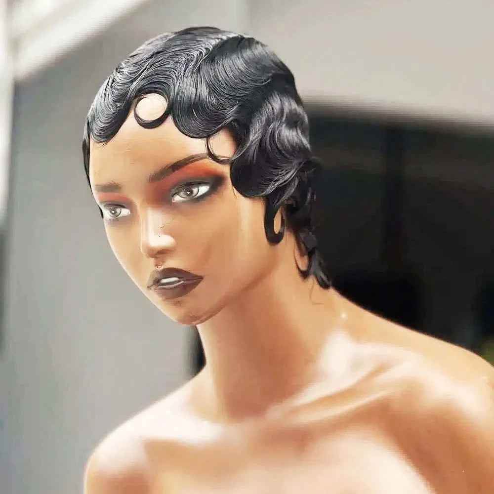 Short Human Hair Wigs for Women Ocean Finger Wave Pixie Cut Wig Human Hair