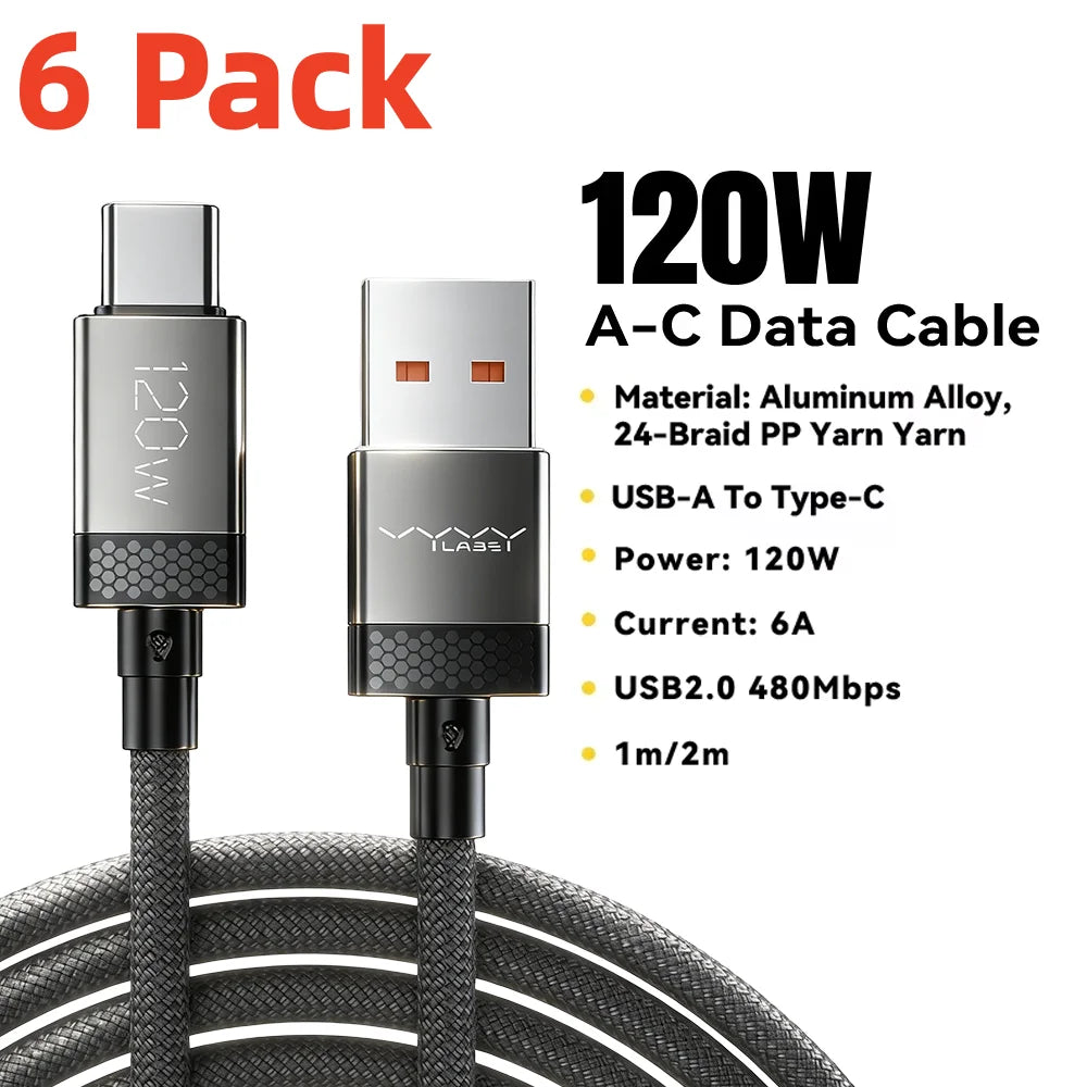 6Pcs 120W Fast Charging Cable PD3.0 QC SCP UFCS Super Fast Charging 480Mbps Data Transmission With E-Mark Chip for Phone Laptop