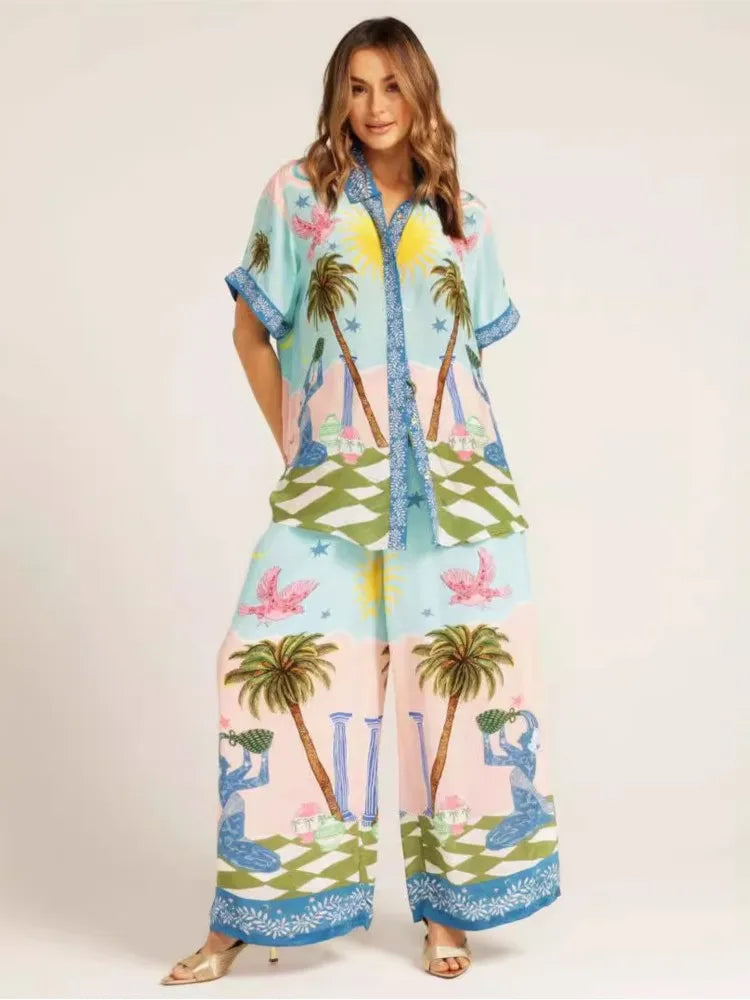 Pants Sets For Women Summer Fashion Printed Half Sleeve Shirt Suits Casual Loose High Waisted Female Wide Leg Pants Outfits