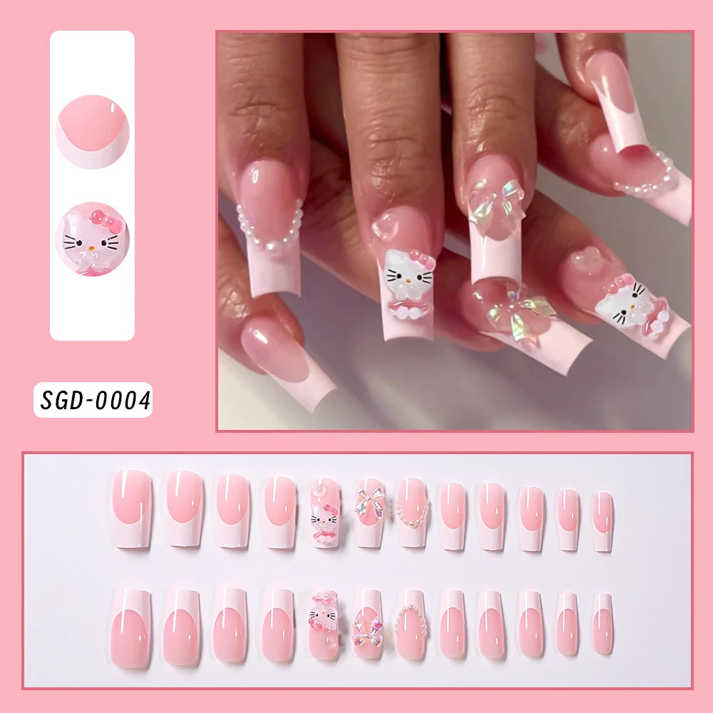 24pcs 3D Hello Kitty Heart Bow False Nails Pink-White French Press on Nails Medium Square Fake Nails for Daily/Party/Gathering *