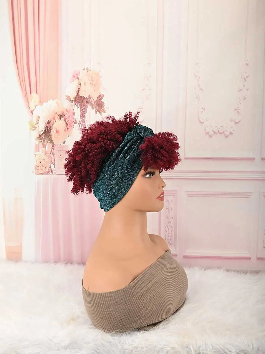 Headband Wig Curly Headband Wig With Bangs For Women Synthetic Afro Curly Hair Wig With Headband Attached Short Kinky Curly Afro High Puff With Bangs Stripes Short Red Curly Wigs with Bangs for Women, Natural Wavy Synthetic H