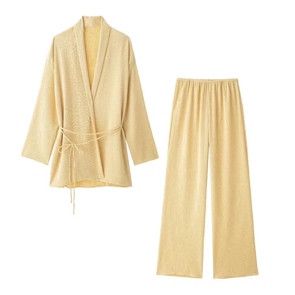 Women's Pajamas for Women 2 Pieces Set Kimono Style Loose Lace Up Shirts Tops Women's Wide Leg Pants Sets Sleepwear Women