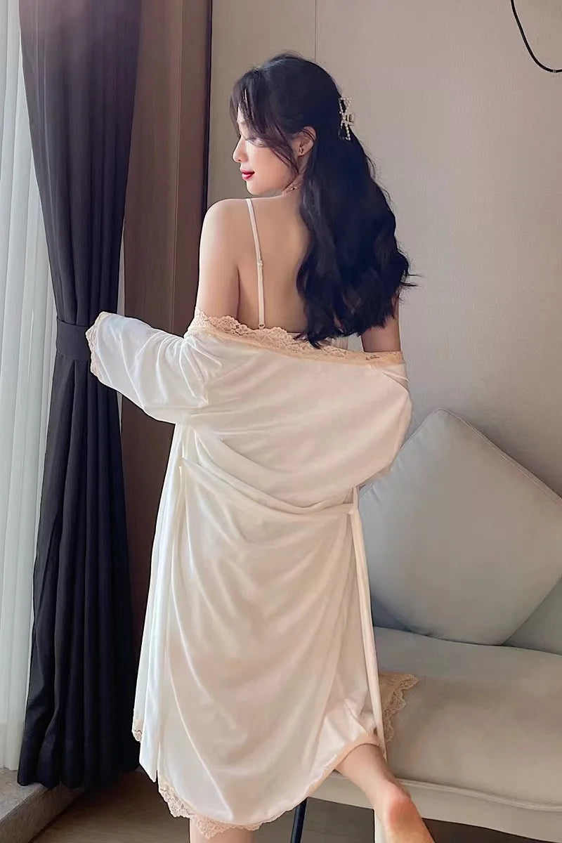 Women's Pajamas Set Sexy Female Winter And Fall Pure Desire Long-sleeved Set Of Velvet With Corset Pads Halter Nightgown Robe