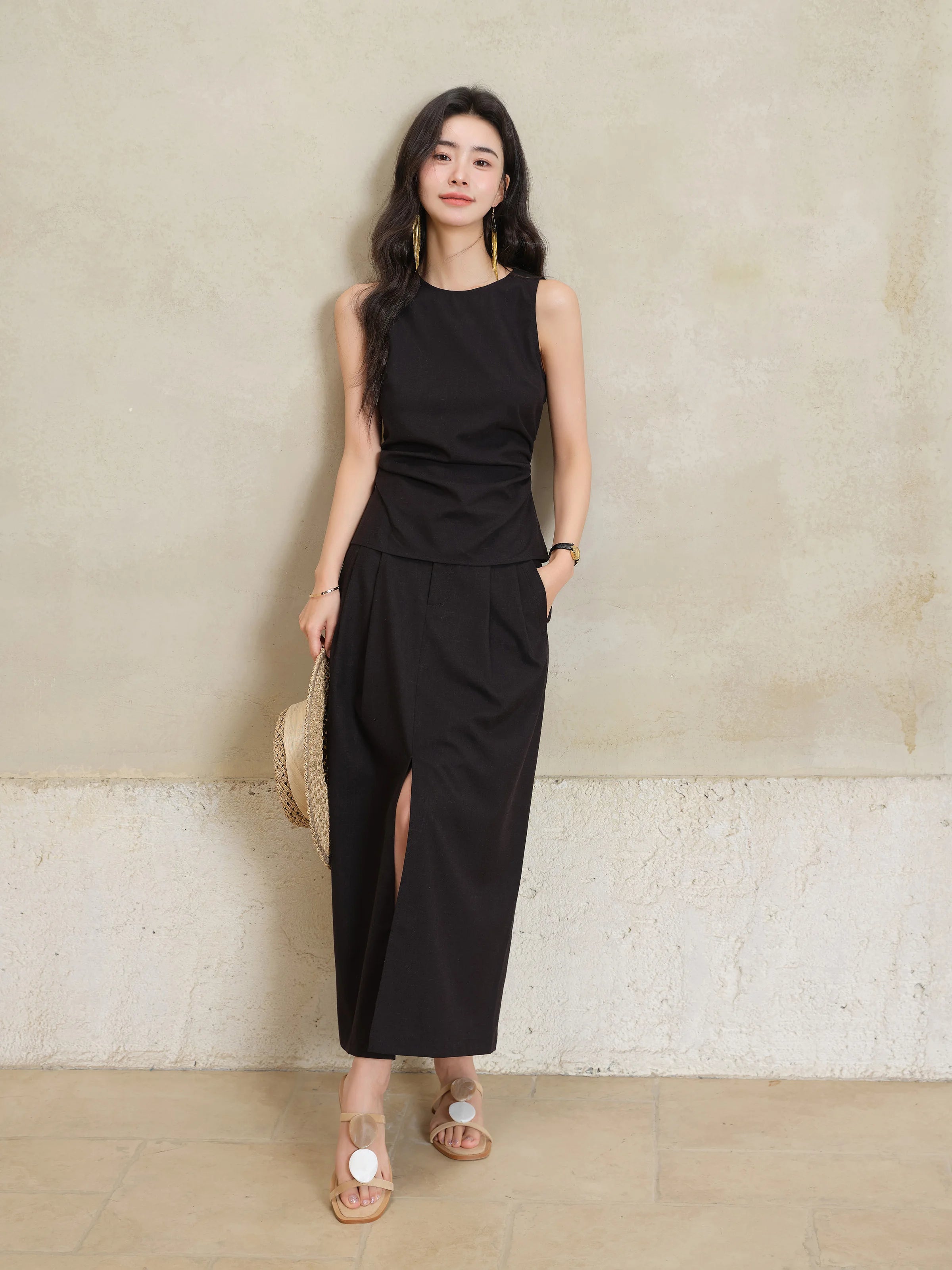 Black Sleeveless Top Skirt Set Women Petite Slim Fit Shirt Split Hem Straight Maxi Skirt Summer Two Piece  Elegant Matching Set