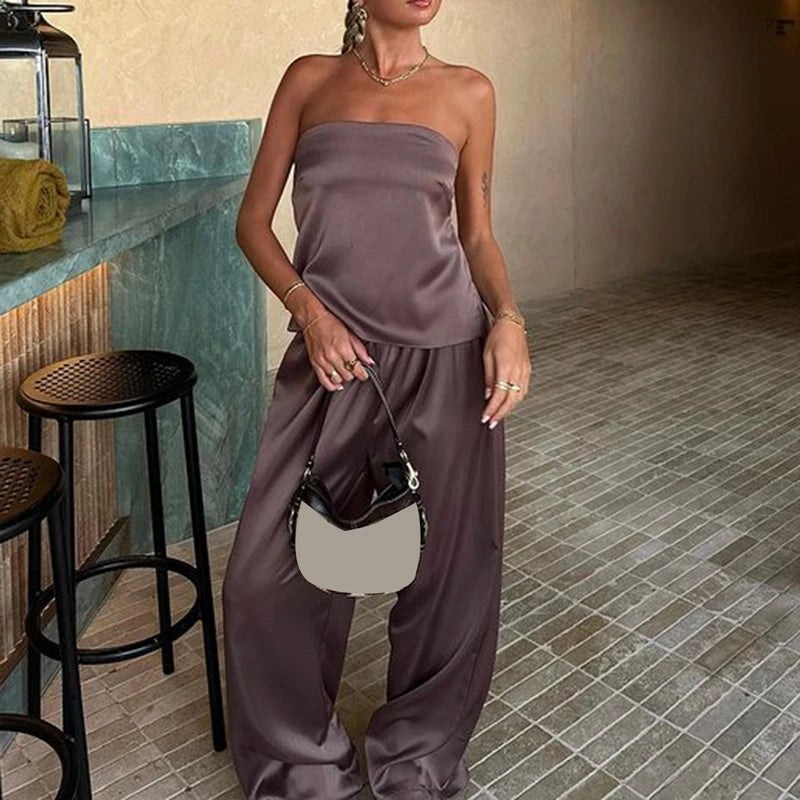 Women Satin Tube Top Pants Set 2 Piece Backless Lace Up Crop Tops Wide Leg Pants Y2k Coquette Clubwear Party Matching Outfits