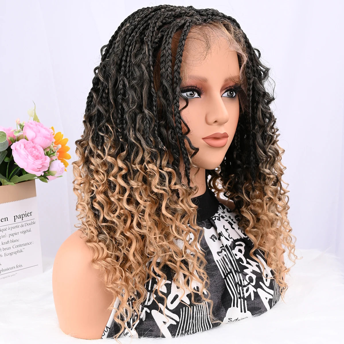 Peluca trenzada corta bohemia boho con trenzas de caja, pelucas trenzadas boho de encaje completo, cabello sintético rizado con pelo de bebé para mujeres negras
