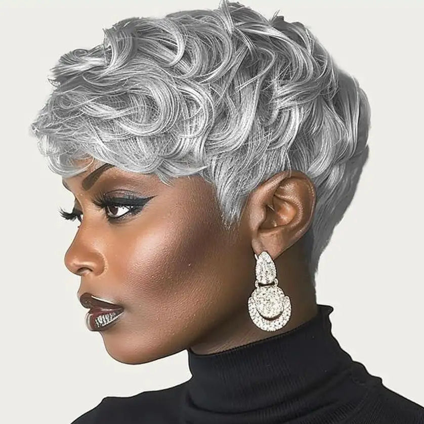 Perruque Courte Bouclée Elf Femme Noire Perruque Synthétique Femme Noire Forme Vague Naturelle Perruque Coupe Elfe Noire Courte Bouclée Dégrafilée Elfe