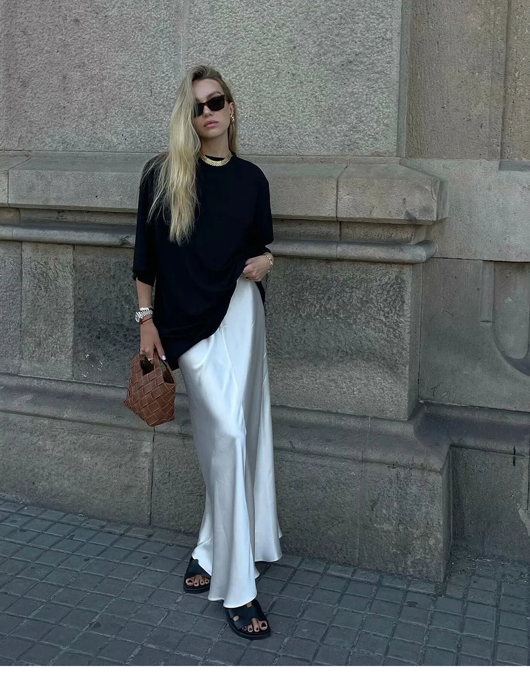 Elegant Satin Midi Slip Skirt with Side Zipper – Smooth & Flowing Fit for Versatile Styling