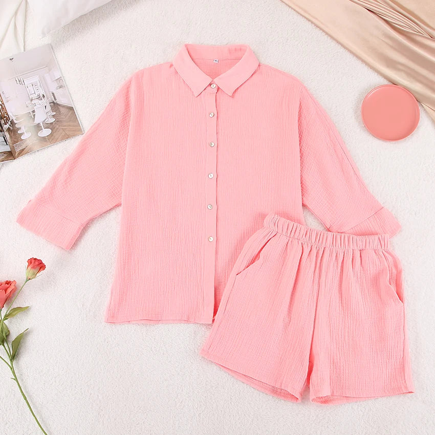 Cotton Pajamas For Women Sets Suit Casual Sleepwear Turn-Down Collar Nine Quarter Sleeve Sleep Tops Shorts Female Homewear 2023