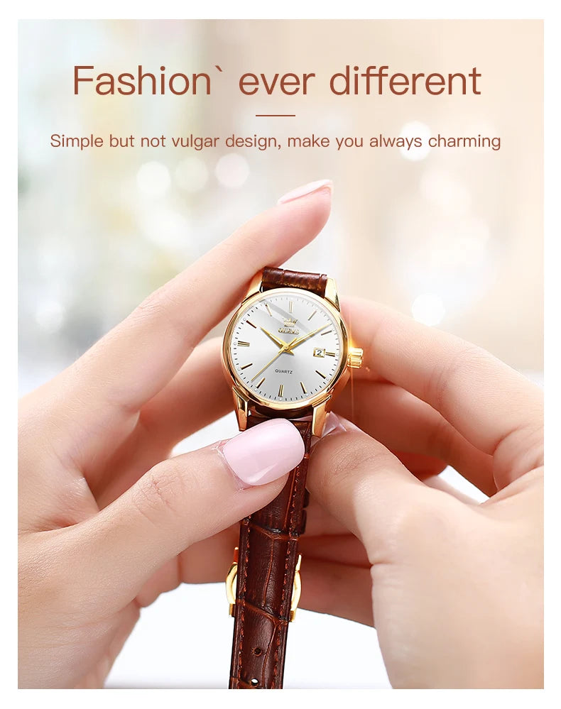 OLEVS 6898 Womens Watch Original Fashion Brand Quartz Wristwatch Waterproof Luminous Leather Strap  Dual Calendar Ldies Watch
