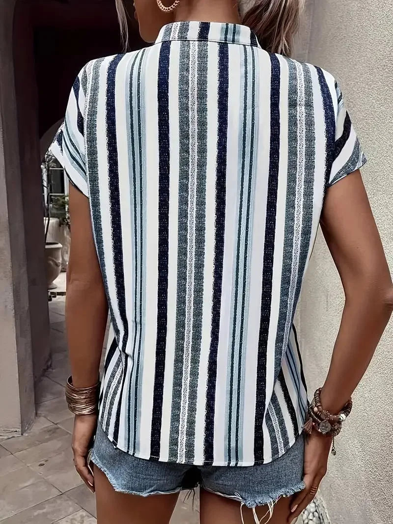 Women's Tops Blouses New Summer Casual Fashion Striped Print V-neck Short Sleeve Shirt Elegant Women Shirts Tops Streetwear