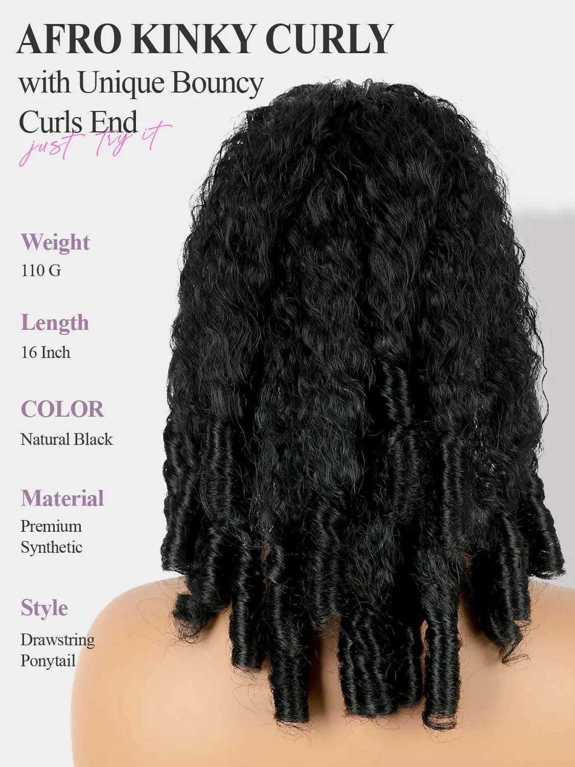 Ponytail Extension Afro Kinky Curly 12-18 Inch Drawstring Ponytail Extension with Unique Bouncy Curls End Pony Tail Synthetic